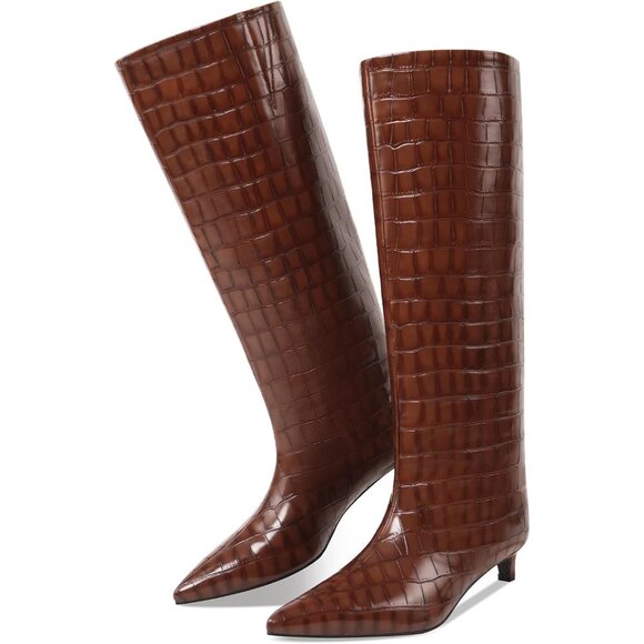 ⚡Women's Brown Crocodile Knee High Boots 1.5-in Stiletto Low Heel Pointed Toe - Picture 7 of 7
